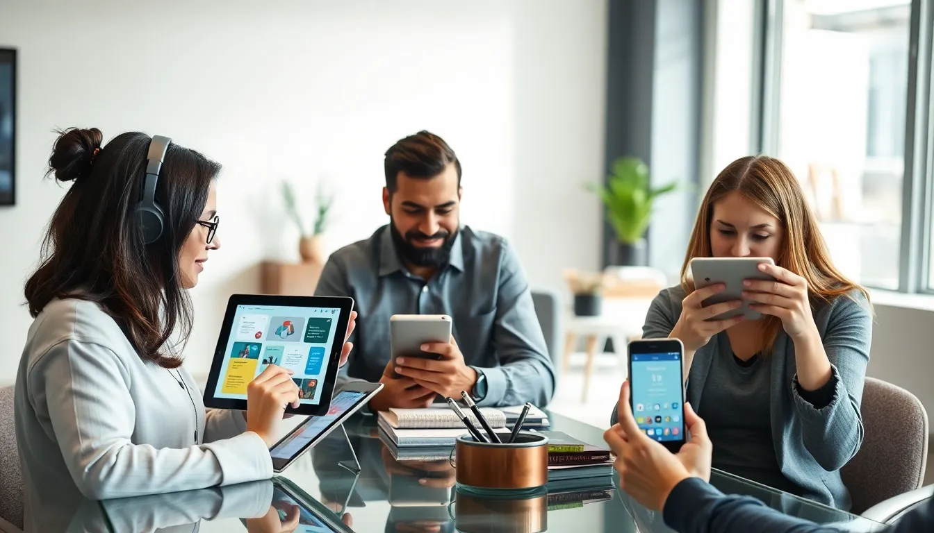 diverse adults engaged in learning with educational apps in a modern workspace.